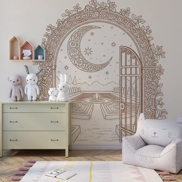 Children's bedroom wallpaper | Magic portal with starry garden and decorative moon