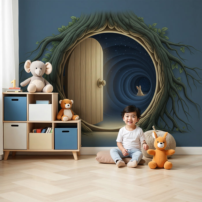 Papier peint chambre enfant | Portail magique dans un arbre avec un lapin curieux