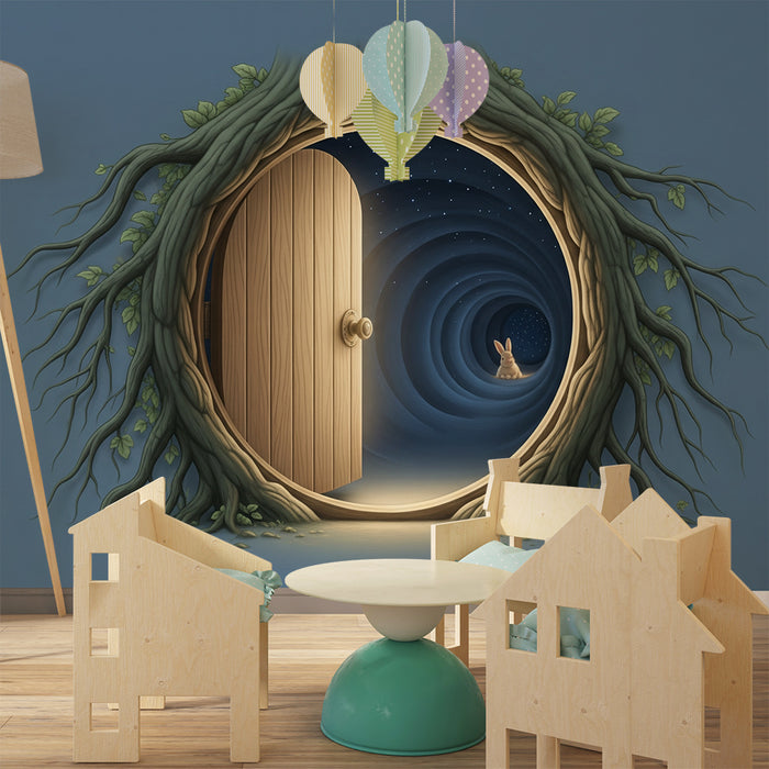 Papier peint chambre enfant | Portail magique dans un arbre avec un lapin curieux