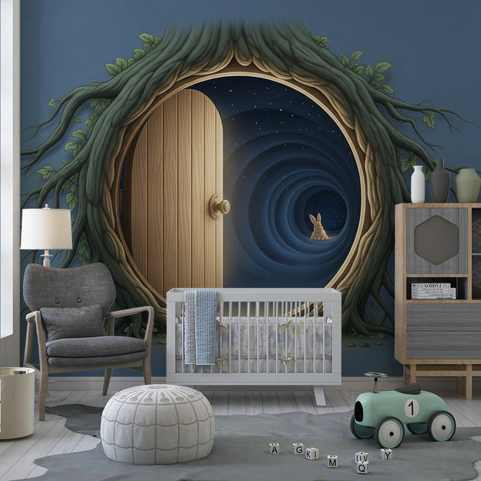 Papier peint chambre enfant | Portail magique dans un arbre avec un lapin curieux