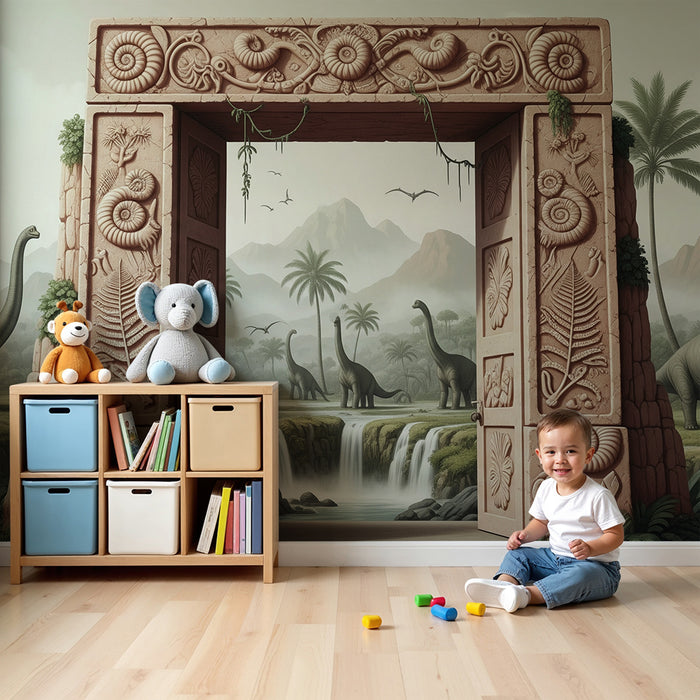 Kinderzimmer Tapete | Prähistorisches Tor mit Dinosauriern und üppigen Landschaften