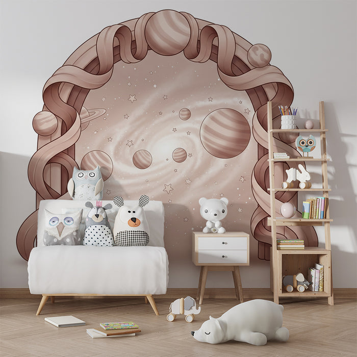 Papel pintado infantil | Portal al universo con planetas y estrellas