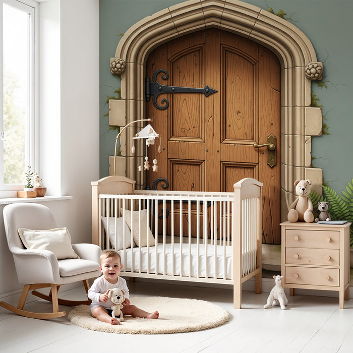 Papier peint chambre enfant | Porte en bois ancienne avec détails en pierre et verdure