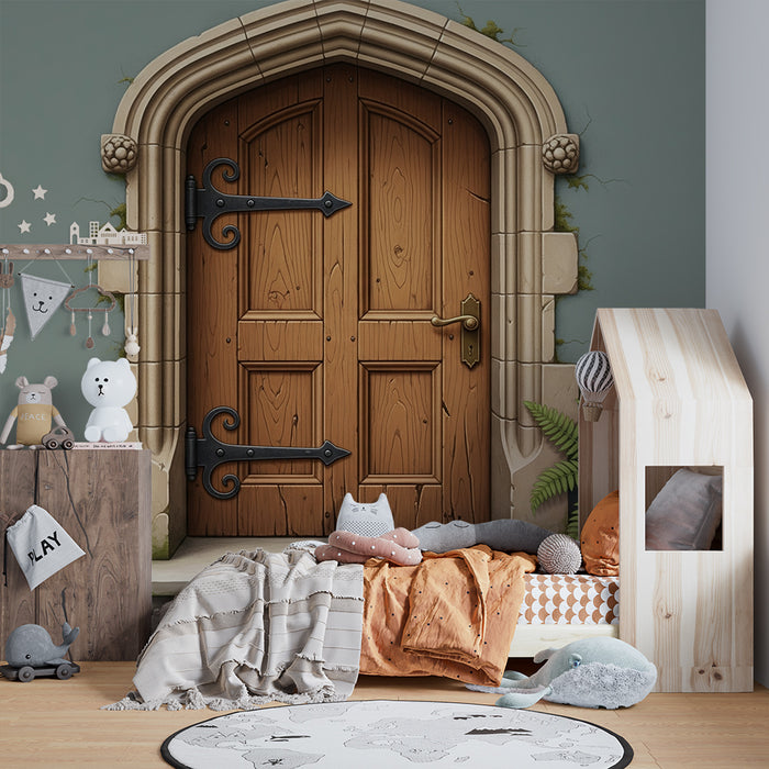 Papier peint chambre enfant | Porte en bois ancienne avec détails en pierre et verdure