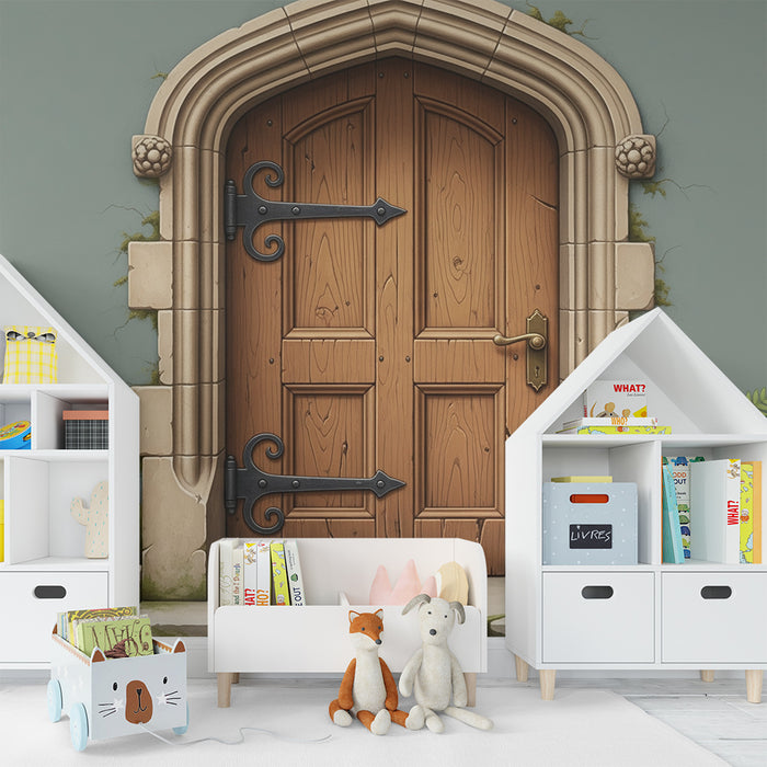 Papier peint chambre enfant | Porte en bois ancienne avec détails en pierre et verdure
