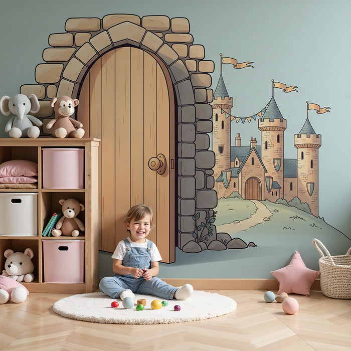 Papier peint chambre enfant | Porte en pierre menant à un château féerique