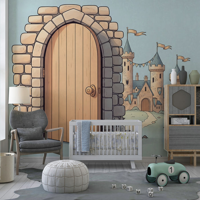 Papier peint chambre enfant | Porte en pierre menant à un château féerique