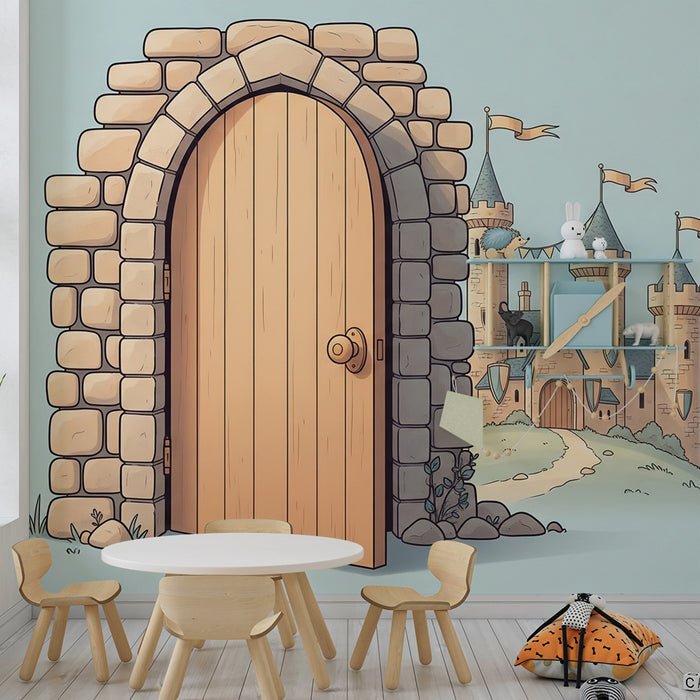 Papier peint chambre enfant | Porte en pierre menant à un château féerique