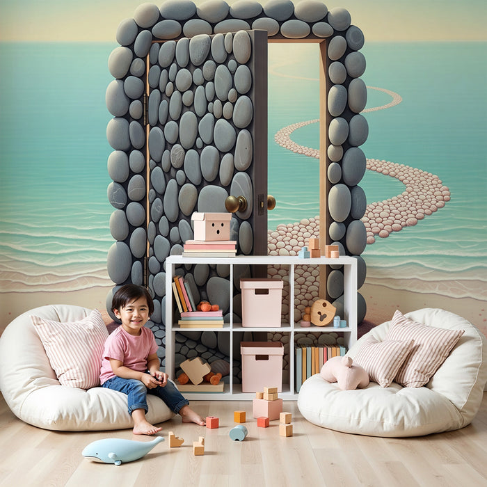 Papier peint chambre enfant | Porte en pierres menant à un paysage marin apaisant