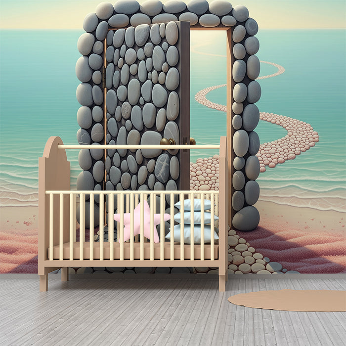 Papier peint chambre enfant | Porte en pierres menant à un paysage marin apaisant
