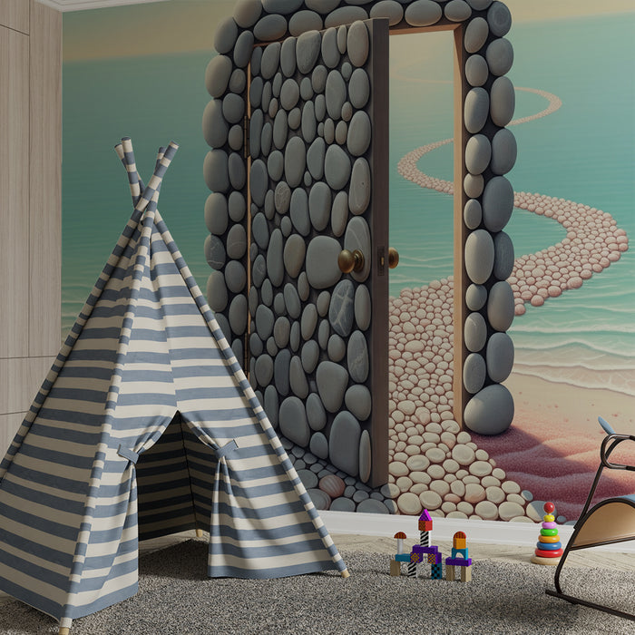 Papier peint chambre enfant | Porte en pierres menant à un paysage marin apaisant