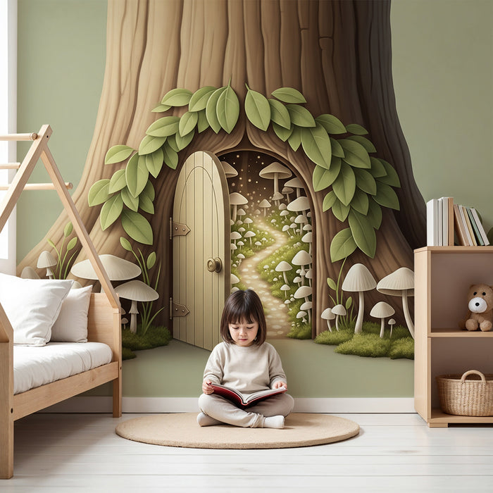 Papier peint chambre enfant | Porte magique dans un arbre avec champignons et feuillage