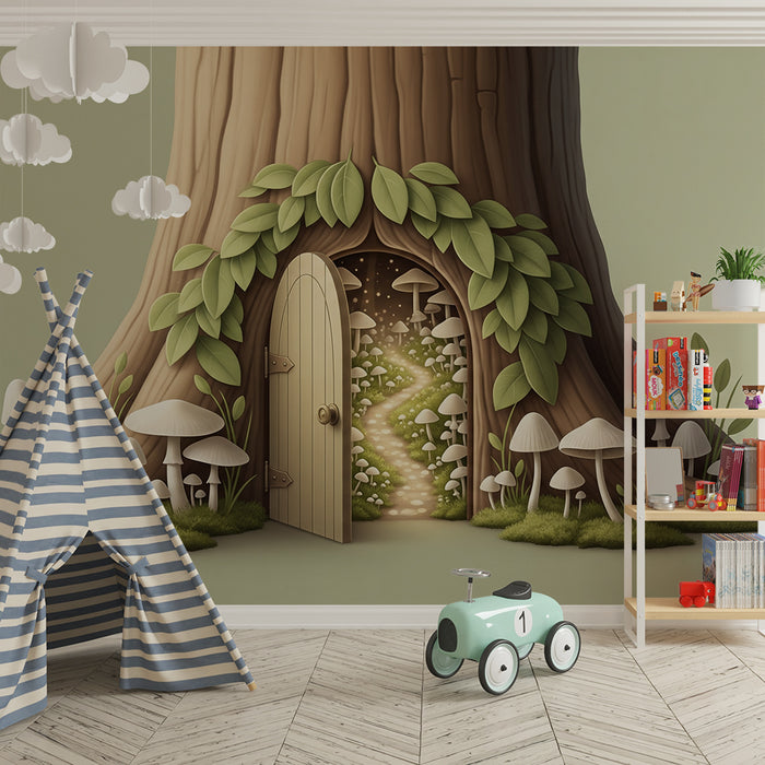 Papier peint chambre enfant | Porte magique dans un arbre avec champignons et feuillage