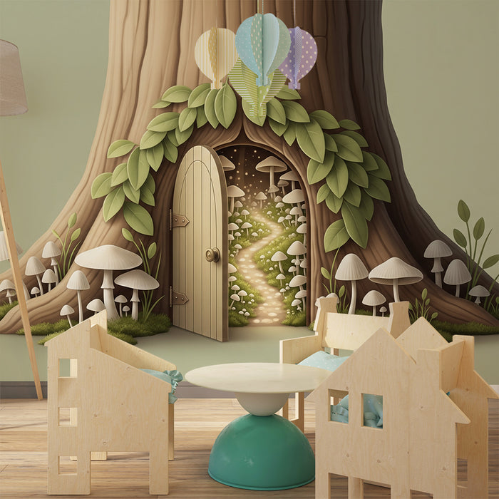 Papier peint chambre enfant | Porte magique dans un arbre avec champignons et feuillage