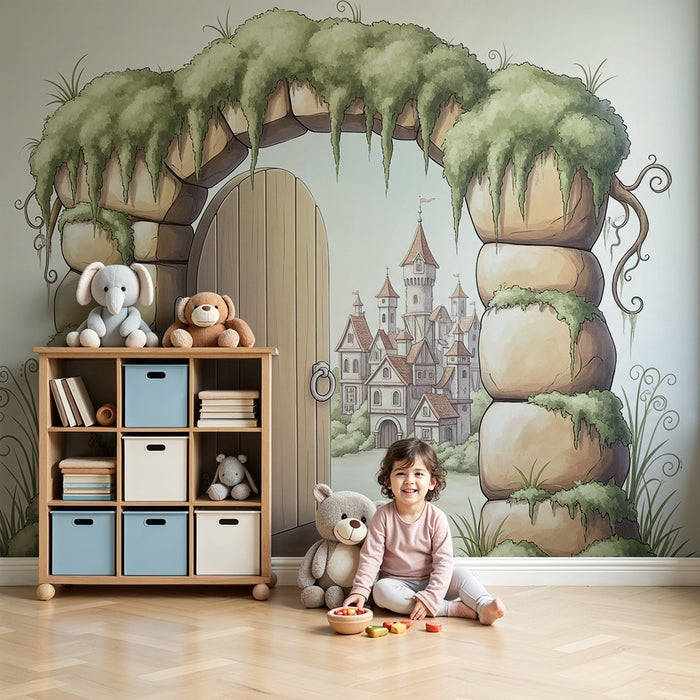 Papier peint chambre enfant | Porte magique vers un château féerique
