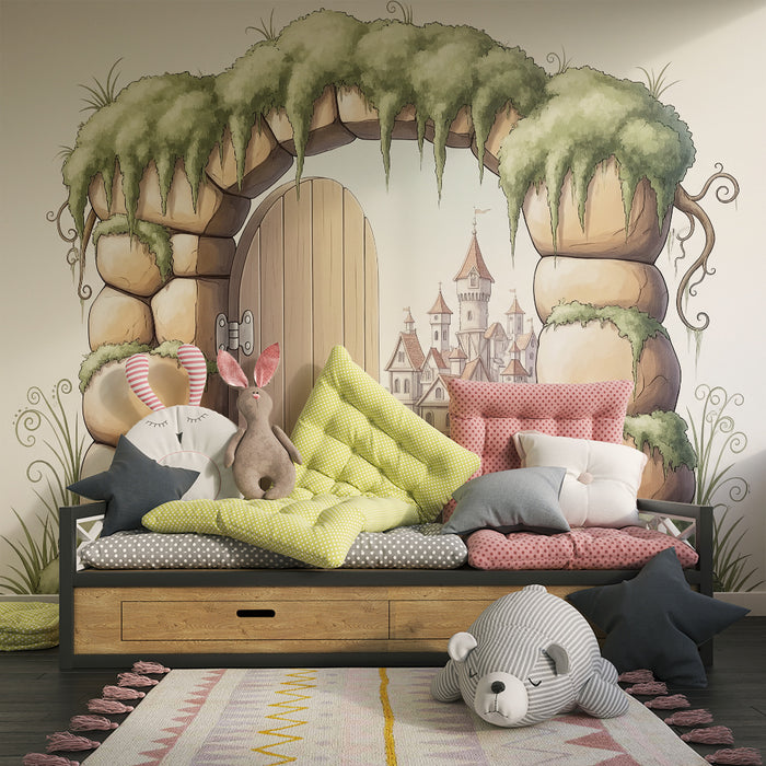 Papier peint chambre enfant | Porte magique vers un château féerique
