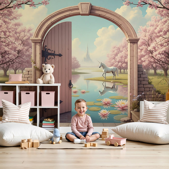 Papel de parede para quarto infantil | Porta mágica para um mundo encantado com unicórnio e cerejeiras em flor
