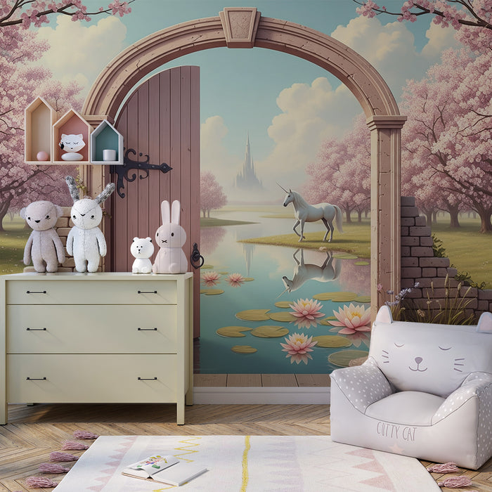 Papel de parede para quarto infantil | Porta mágica para um mundo encantado com unicórnio e cerejeiras em flor