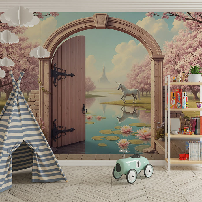 Papel de parede para quarto infantil | Porta mágica para um mundo encantado com unicórnio e cerejeiras em flor