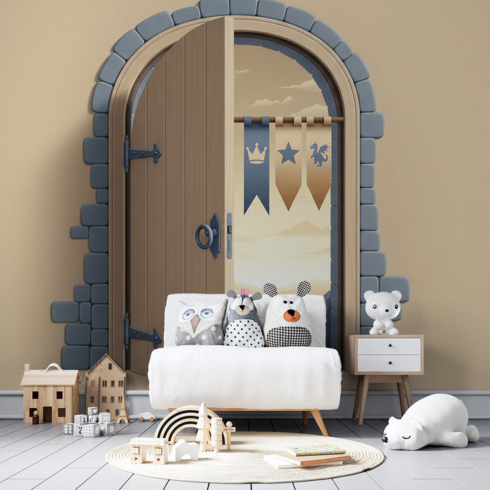 Tapeta do pokoje dítěte | Otevřené středověké dveře do fantastické krajiny