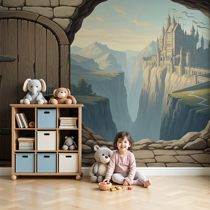 Carta da parati per camera bambini | Porta medievale che si apre su un castello fantastico