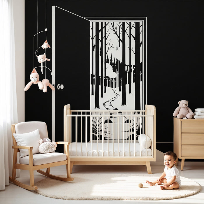 Kids room wallpaper | Open door to a black and white forest path