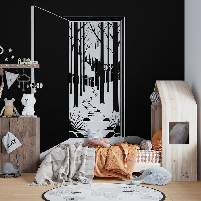 Kids room wallpaper | Open door to a black and white forest path