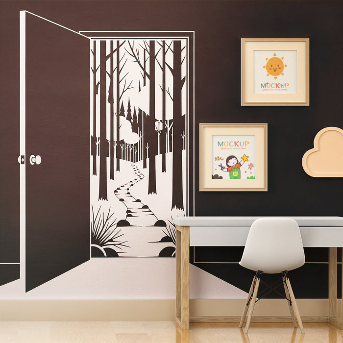 Kids room wallpaper | Open door to a black and white forest path