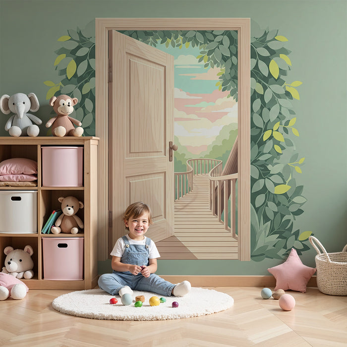 Children's bedroom wallpaper | Open door to a lush green path and pastel sky