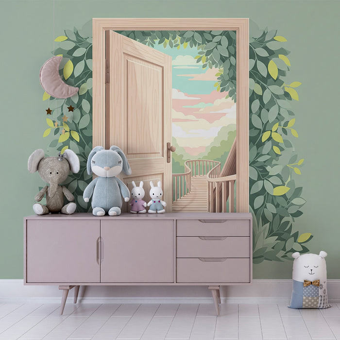 Children's bedroom wallpaper | Open door to a lush green path and pastel sky