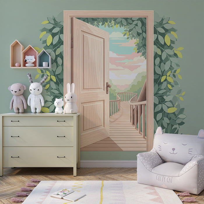 Children's bedroom wallpaper | Open door to a lush green path and pastel sky