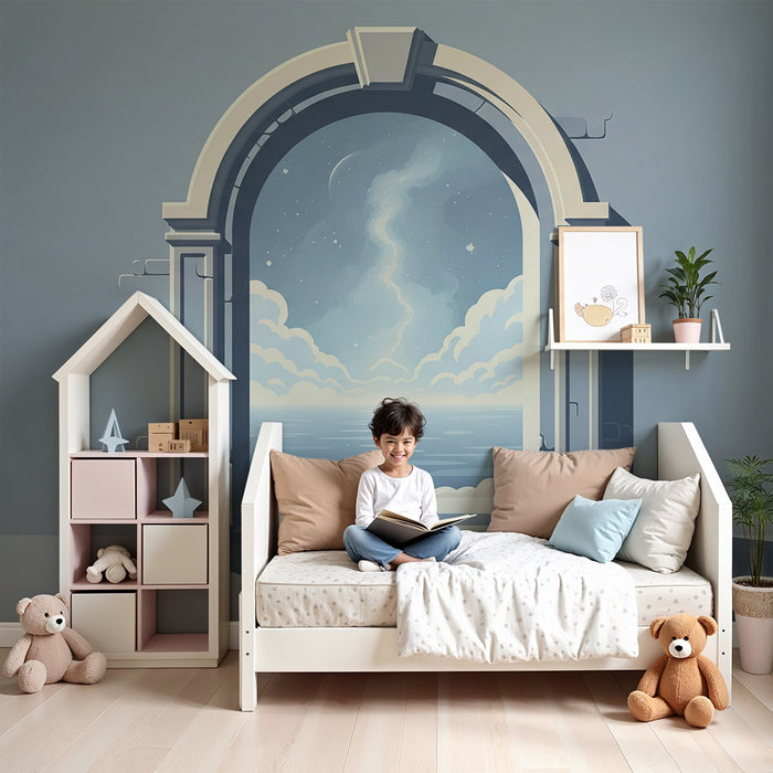 Papier peint chambre enfant | Porte ouverte sur un ciel étoilé et une mer calme