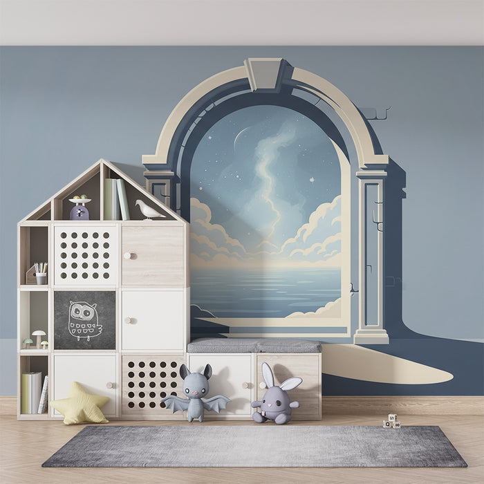 Papier peint chambre enfant | Porte ouverte sur un ciel étoilé et une mer calme