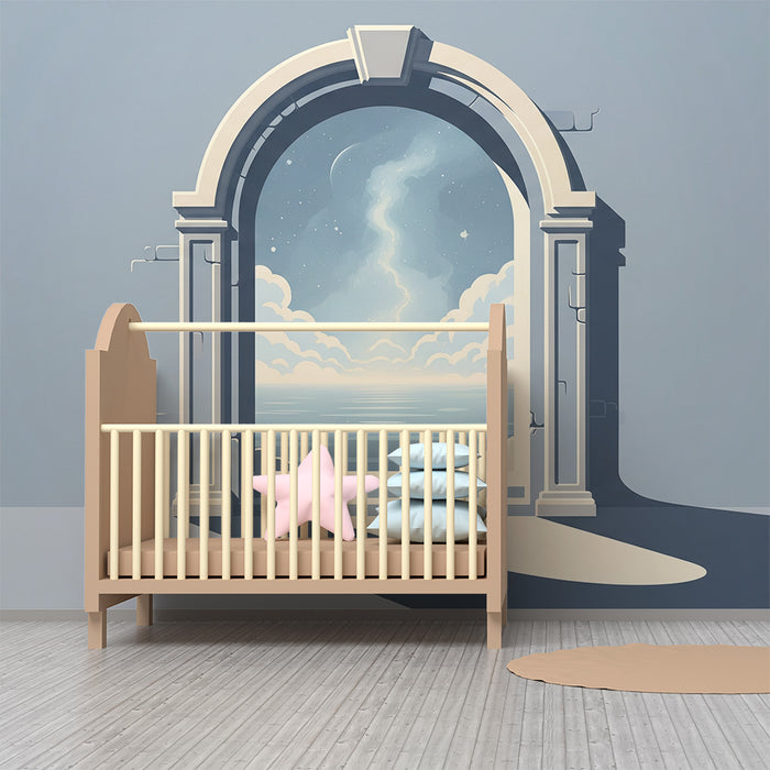 Papier peint chambre enfant | Porte ouverte sur un ciel étoilé et une mer calme