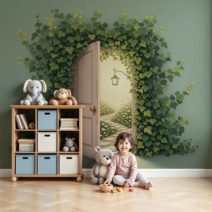 Papier peint chambre enfant | Porte ouverte sur un jardin enchanté avec lierre verdoyant