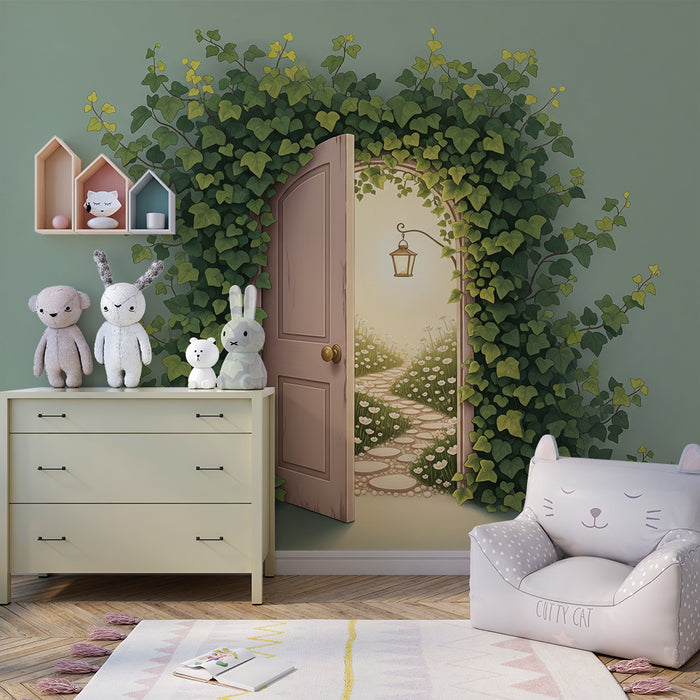 Papier peint chambre enfant | Porte ouverte sur un jardin enchanté avec lierre verdoyant