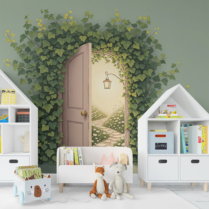 Papier peint chambre enfant | Porte ouverte sur un jardin enchanté avec lierre verdoyant