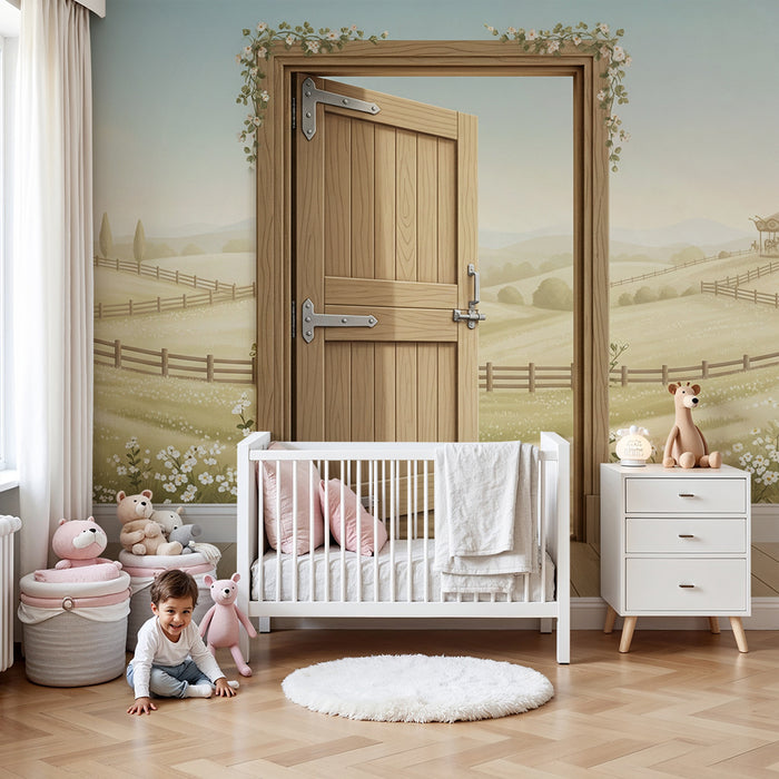 Carta da parati per camera bambini | Porta aperta su un paesaggio pastorale e fiorito