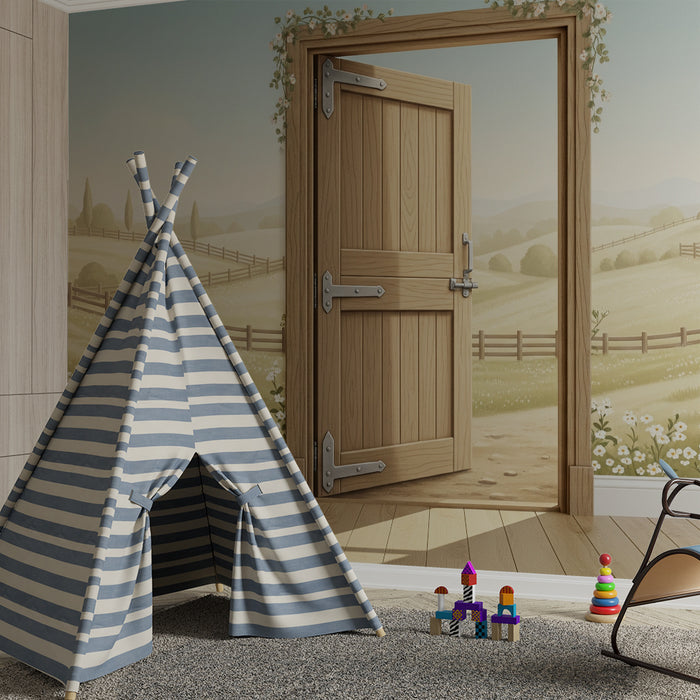 Carta da parati per camera bambini | Porta aperta su un paesaggio pastorale e fiorito