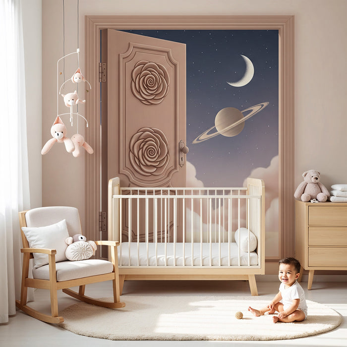 Papier peint chambre enfant | Porte ouverte sur un univers étoilé avec Saturne et nuages