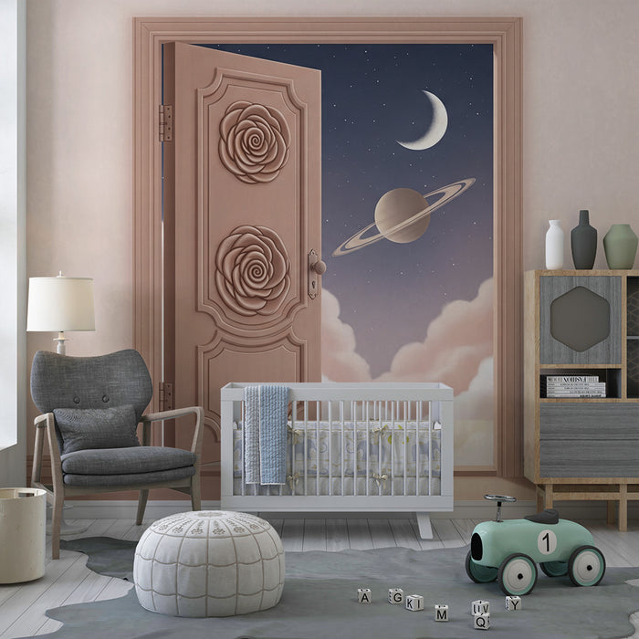 Papier peint chambre enfant | Porte ouverte sur un univers étoilé avec Saturne et nuages