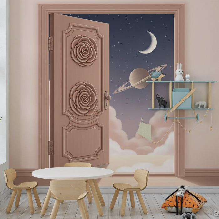 Papier peint chambre enfant | Porte ouverte sur un univers étoilé avec Saturne et nuages