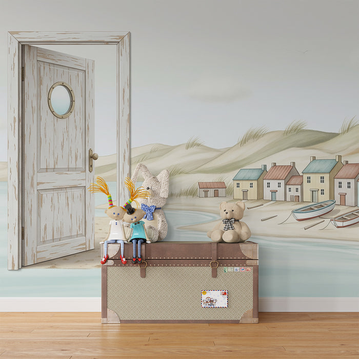 Carta da parati per camera bambini | Porta aperta su un tranquillo villaggio costiero
