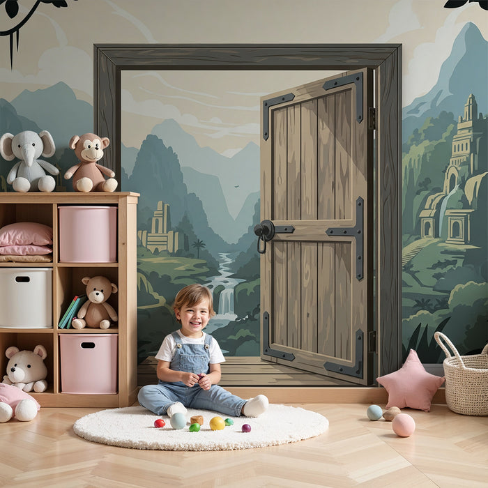 Carta da parati per camera bambini | Porta aperta su una valle incantata con cascate e templi antichi