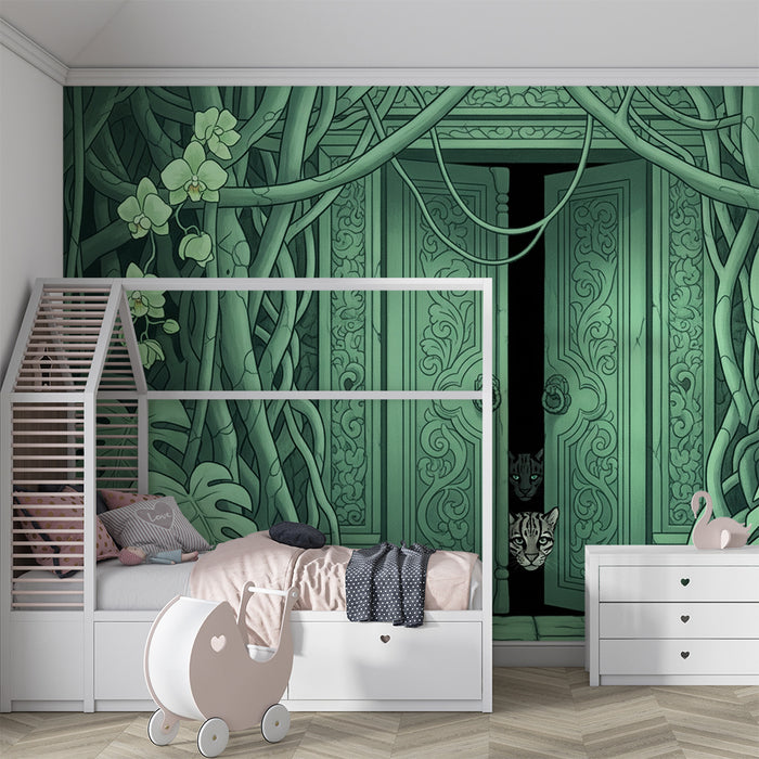 Barntapet | Mysteriösa dörrar i en frodig djungel med tigrar och blommor