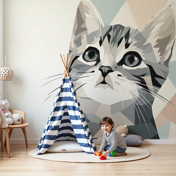 Kinderkamer behang | Moderne portret van een kat met expressieve ogen