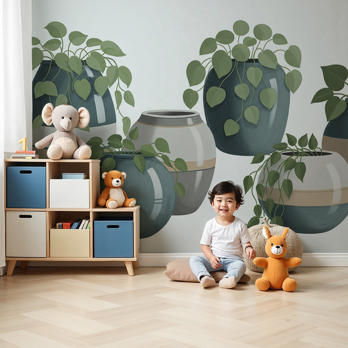 Kids' Room Wallpaper | Modern Flower Pots with Climbing Plants