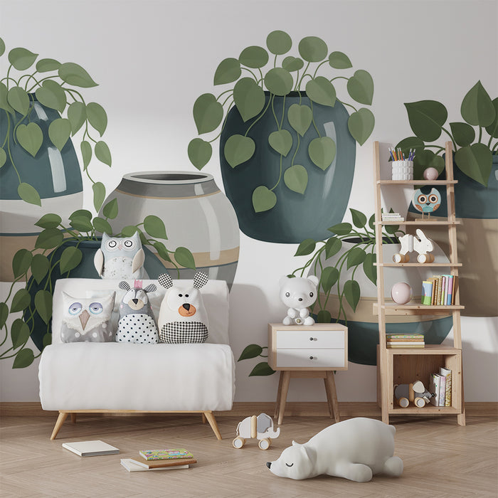 Kids' Room Wallpaper | Modern Flower Pots with Climbing Plants