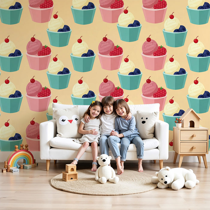 Kids' room wallpaper | Colorful ice cream cones with fruit and cherries