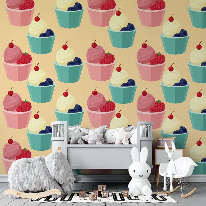 Kids' room wallpaper | Colorful ice cream cones with fruit and cherries